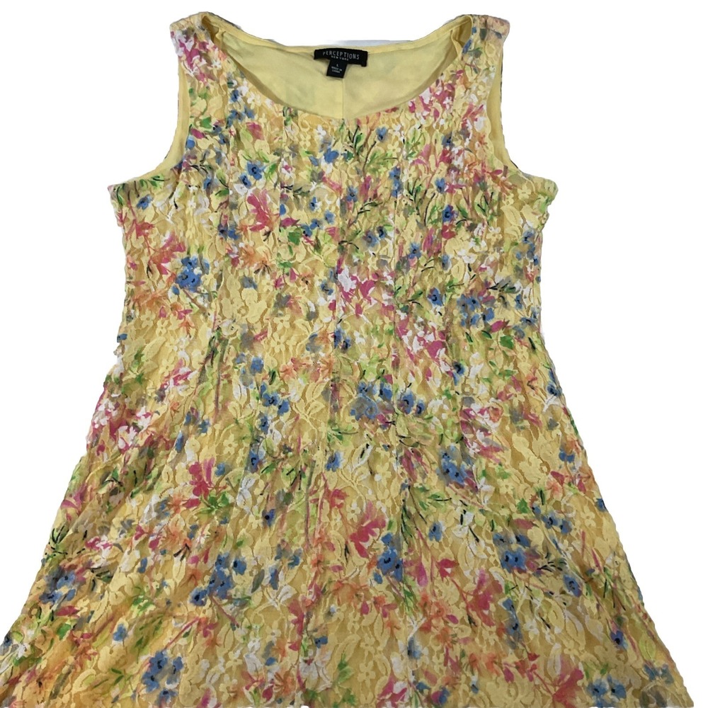 Perceptions New York Yellow Sheer Floral Lace Lined Knee-length Dress‎ Sz L I98